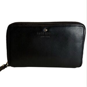 Kate Spade Vintage Black Leather Zip-Around Wristlet with Strap